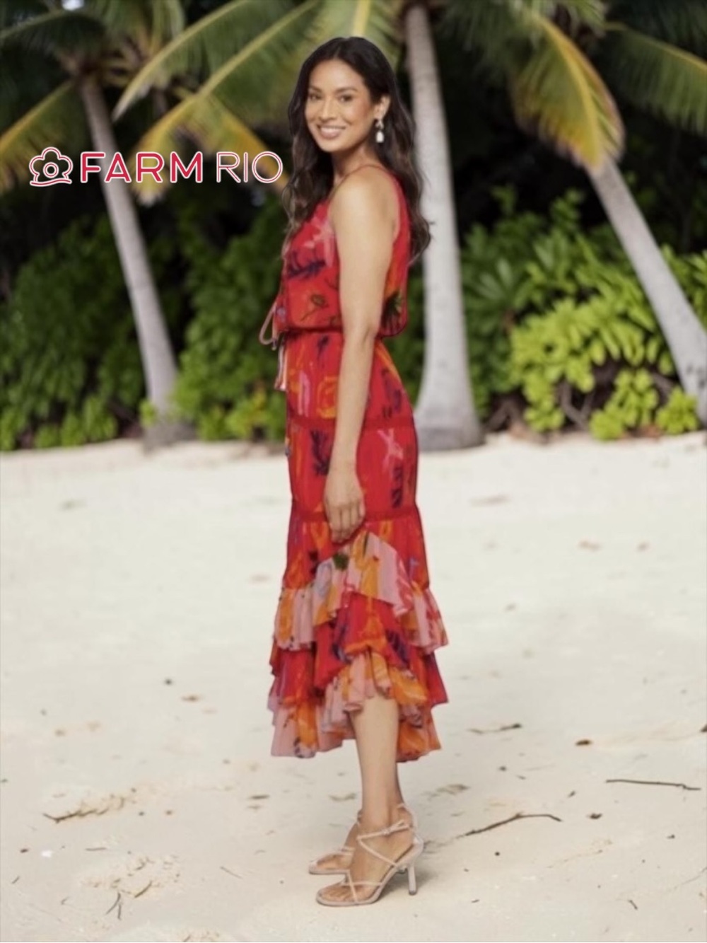 FARM Rio Mixed Fruits Ocean Maxi Dress Tropical Tiered Ruffle Sz L NWOT - Picture 5 of 6